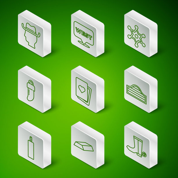 设置线牛仔靴，金条，扑克牌，牙齿，指针狂野西部，炸药炸弹和酒吧门图标。向量图片下载