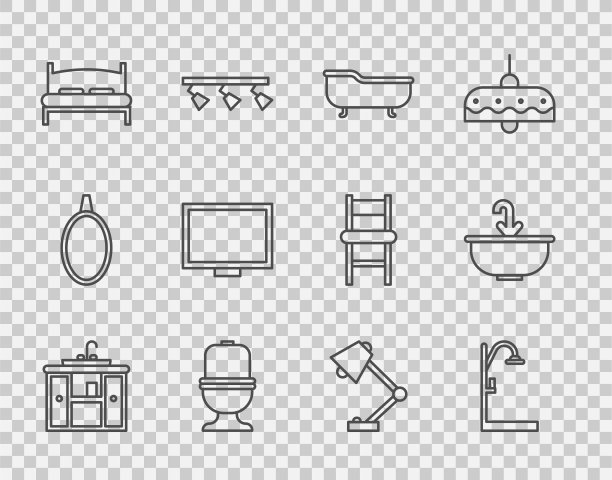设置线洗脸盆柜，水龙头，淋浴，浴缸，抽水马桶，大床，相框在桌子上，台灯和水图标。向量图片下载
