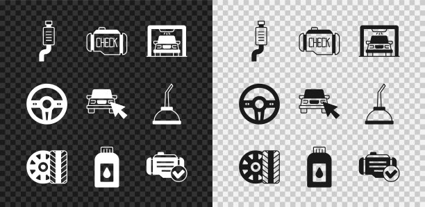 设置汽车消声器，检查发动机，洗衣机，轮胎轮，汽缸马达机油，转向和在线汽车共享图标。向量图片下载