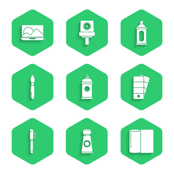 设置喷漆罐，管与油漆调色板，纸巾卷，调色板，钢笔，刷子，马克笔和笔记本电脑图标。向量图片下载