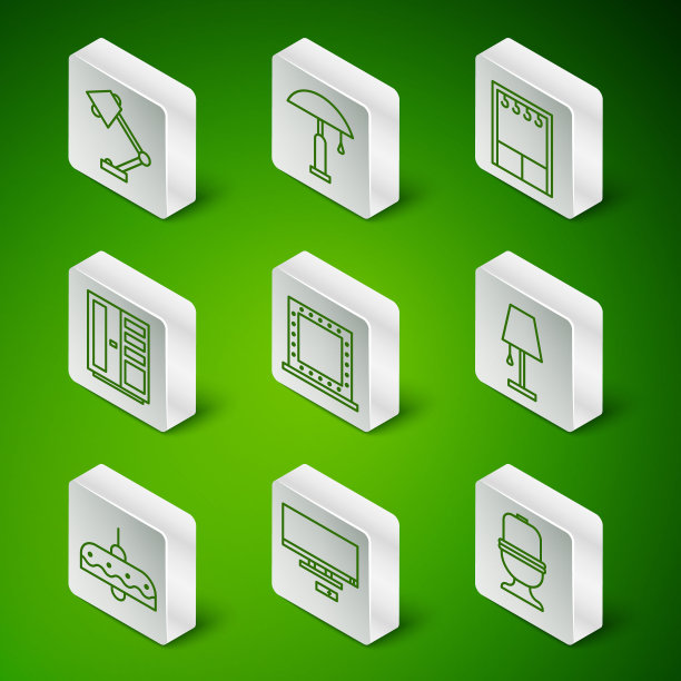 设置线抽水马桶，智能电视，台灯，化妆镜与灯，衣柜，吊灯和图标。向量图片下载