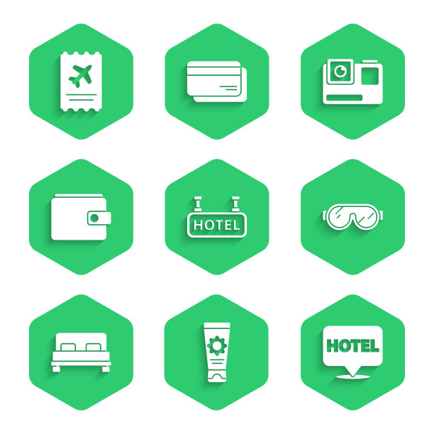 设置招牌与文本酒店，防晒霜在管，位置酒店，滑雪镜，大床，钱包，行动极端相机和机票图标。向量图片下载