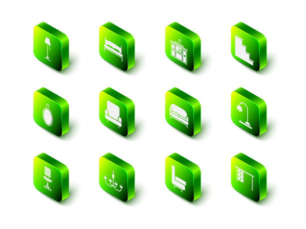 设置大床，洗脸盆柜，水龙头，楼梯，台灯，办公桌，沙发，扶手椅和吊灯图标。向量图片下载