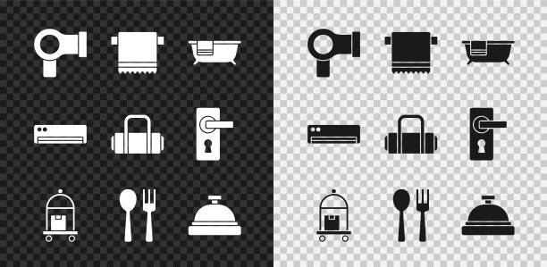 设置吹风机，毛巾衣架，浴缸，手提箱，叉子和勺子，酒店服务铃，空调和图标。向量图片下载