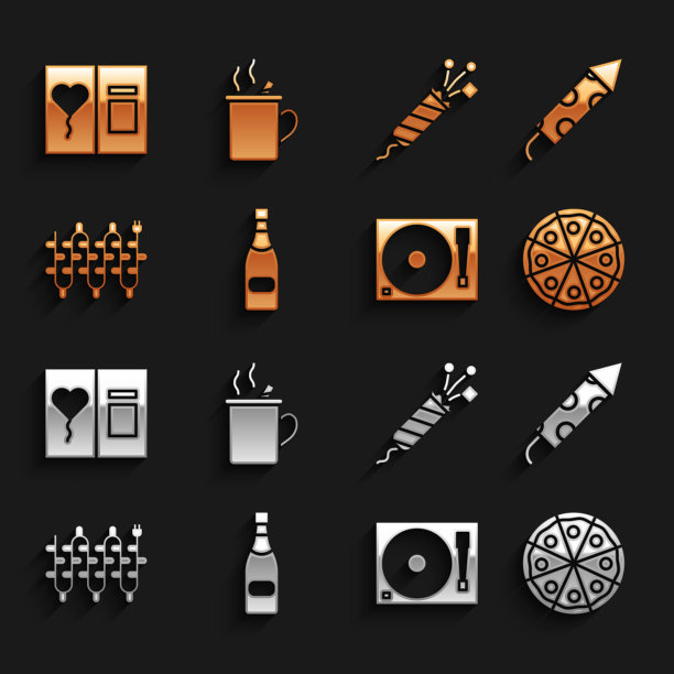 设置香槟瓶，烟火火箭，披萨，乙烯基播放器与乙烯基磁盘，圣诞灯，贺卡和热酒图标。向量图片下载