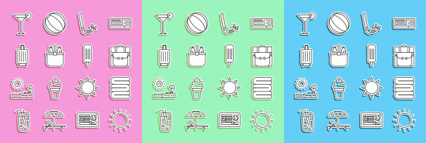 设置线太阳，毛巾堆栈，徒步旅行背包，通气管，冷却器袋和水，手提箱，马提尼杯和冰淇淋图标。向量图片下载