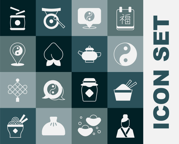 集亚洲女人，冰碗与筷子，阴阳象征，水蜜桃或油桃，中国鼓和茶道标志。向量图片下载