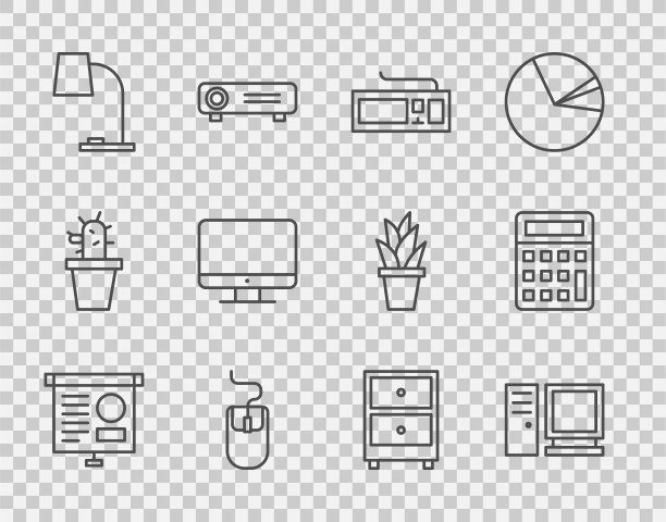 设置线黑板与图表，计算机显示器，键盘，鼠标，台灯，屏幕，抽屉文件和计算器图标。向量图片下载