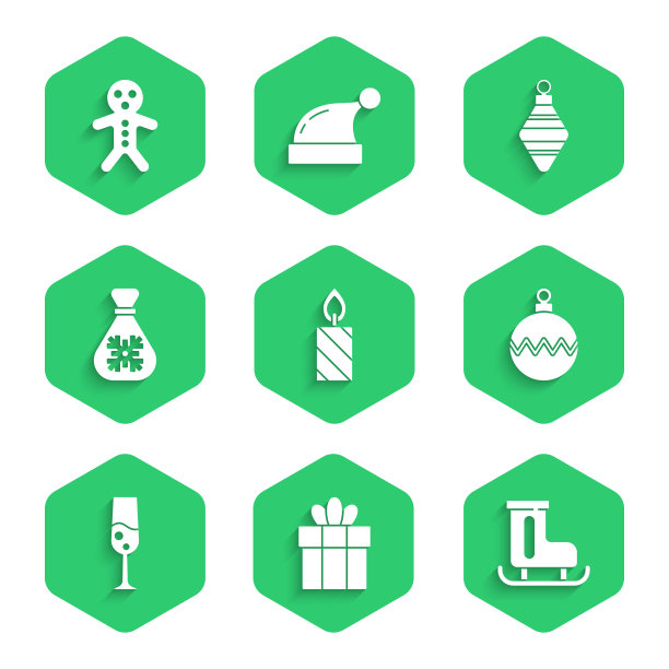 设置燃烧的蜡烛，礼盒，花样滑冰，圣诞舞会，玻璃香槟，圣诞老人包礼物，和节日姜饼人饼干图标。向量图片下载