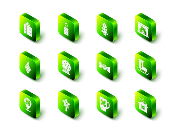 燃烧的蜡烛、圣诞树、室内壁炉、花样滑冰鞋、节日小屋、糖果、带雪花和星星的咖啡杯图标矢量图图片下载