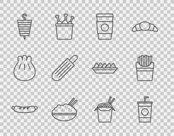 热狗三明治，带吸管的纸杯，咖啡杯，米饭在碗筷子，烤羊肉串，法国热，亚洲面条筷子和土豆薯条盒图标。向量图片下载