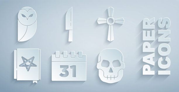 设置日历与万圣节，墓碑十字架，古代魔法书，头骨，刀和猫头鹰图标。向量图片下载