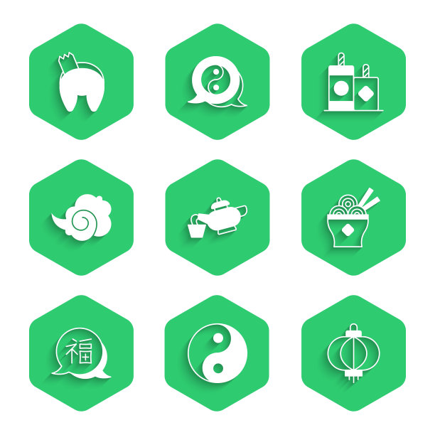 集中国茶道，阴阳象征，纸灯笼，亚洲面条碗，新年，魔雾或烟，烟花和幸运饼干图标。向量图片下载