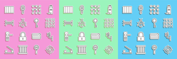 设置线目标运动，安全摄像头，二进制代码，图形密码保护，系统bug概念，铁丝网，花园栅栏木和旧的关键图标。向量图片下载