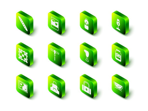 集一杯威士忌加冰，瓶装水，酒杯，果酱罐，西瓜，鸡腿，急救箱和厨房围裙图标。向量图片下载