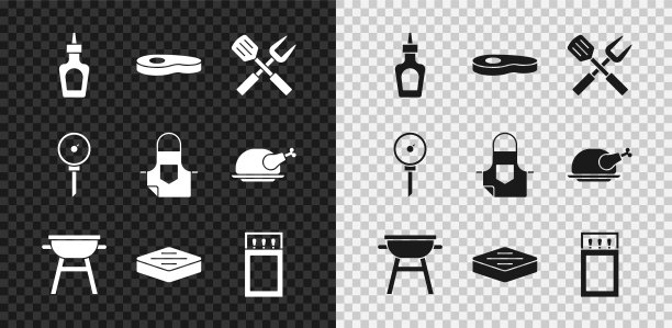 设置酱瓶，牛排肉，交叉叉和抹刀，烧烤烧烤，火柴盒火柴，厨房温度计和围裙图标。向量图片下载