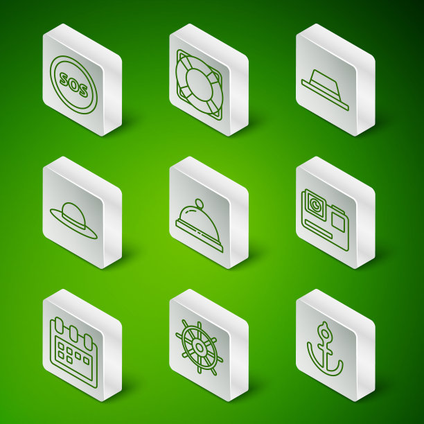 设置线锚，船舶方向盘，位置与SOS，酒店服务铃，优雅的妇女帽，救生圈，日历和行动极端相机图标。向量图片下载