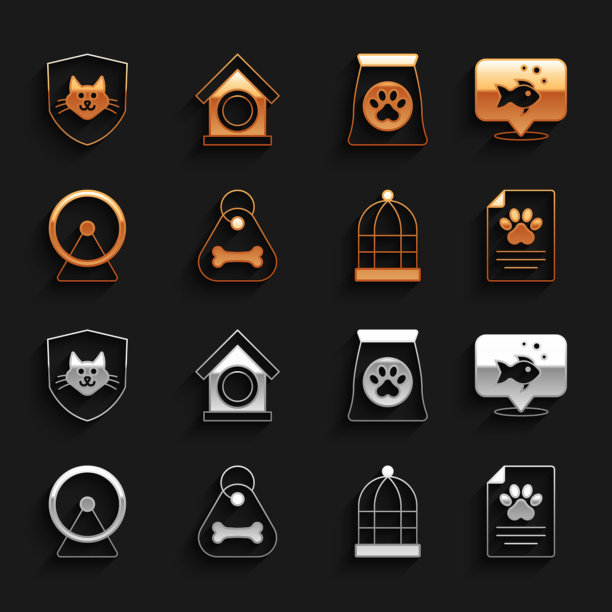 设置狗项圈与骨头，鱼，医疗临床记录宠物，笼子的鸟，仓鼠轮，袋的食物，动物健康保险和房子图标。向量图片下载