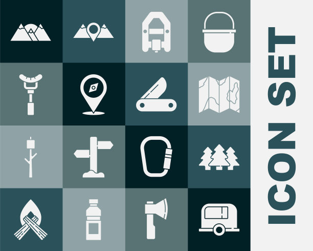 设置房车露营拖车，森林，地图上的森林位置，漂流船，指南针，香肠叉，山脉和瑞士军刀图标。向量图片下载