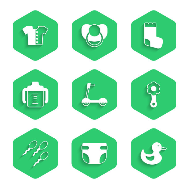 设置滑板车，婴儿尿布，橡皮鸭，摇铃婴儿玩具，精子，瓶子，袜子和t恤图标。向量图片下载