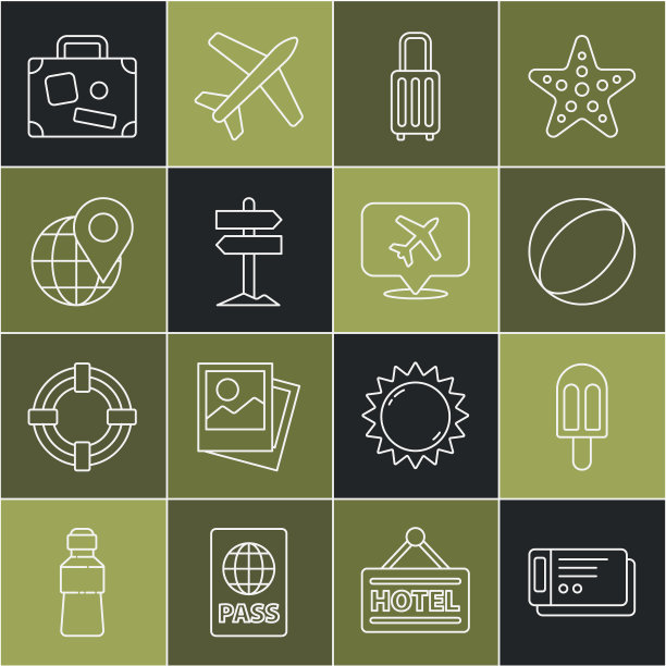设置线路旅行票，冰淇淋，沙滩球，手提箱，道路交通指示牌，全球位置，和语音气泡与飞机图标。向量图片下载