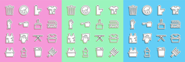 设置有窗户橡胶清洗机、带衬衫的面盆橡胶清洗机、毛刷清洗机、抽水马桶橡胶清洗机、洗衣粉、手套、垃圾桶和畚箕图标。向量图片下载