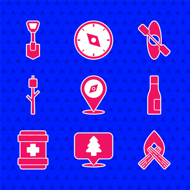 设置指南针，森林的位置，篝火，瓶装水，急救箱，棉花糖棒，独木舟和铲子图标。向量图片下载
