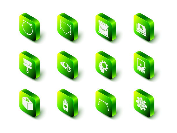 Set Heart with Bezier curve, Paint bucket, Laptop and cursor, Graphic tablet, Globe of the Earth齿轮，Human head inside, and spray can icon。向量图片下载