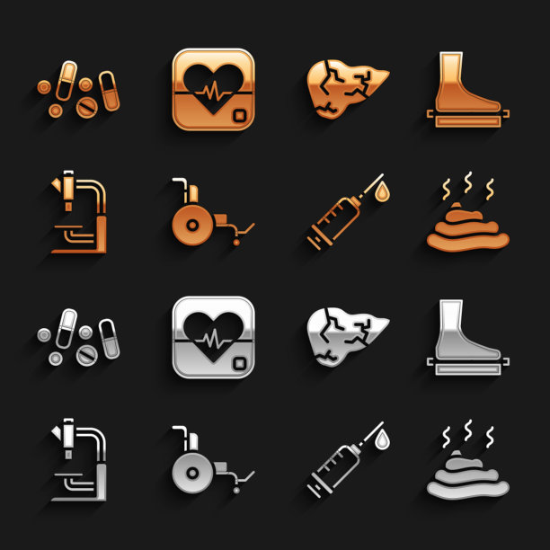 设置轮椅，扁平足，大便，注射器，显微镜，肝炎病毒，药丸或药片和心率图标。向量图片下载