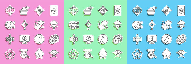 传统的纸扇，人民币，亚洲或圆锥形草帽，新年，灯笼，阴阳符号，幸运饼干图标。向量图片下载