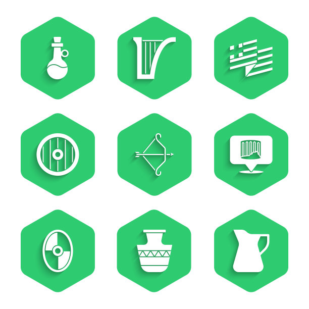 集中世纪弓与箭，古代双耳罐，橄榄油瓶，圆柱，希腊盾牌，希腊国旗和标志。向量图片下载