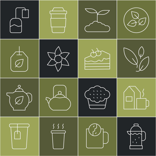 设置线法式压滤机，一杯茶与牛奶，茶叶，花，袋，和块蛋糕图标。向量图片下载