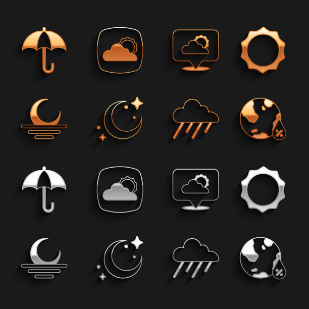 设置月亮和星星，太阳，水滴百分比，云与雨，日落，位置云，雨伞和天气预报图标。向量图片下载