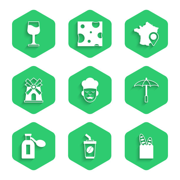 设置厨师，咖啡杯，法国法棍面包，雨伞的海滩，香水，风车，地图法国和酒杯图标。向量图片下载