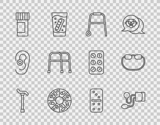 设置线手杖，血压，步行者，维生素药丸，药瓶和药丸，多米诺骨牌和眼镜的图标。向量图片下载