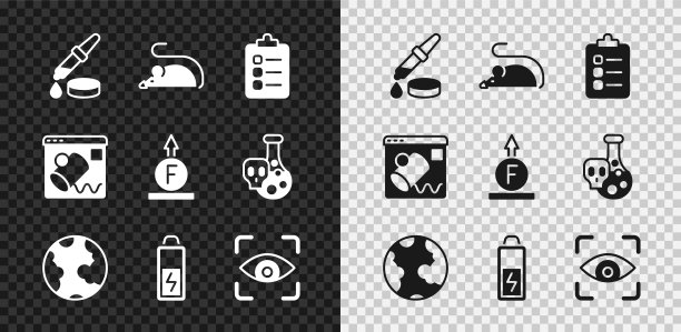 设置移液器，实验鼠标，要做的清单或计划，地球地球仪，电池，眼睛扫描，数据可视化和力量的物理公式图标。向量图片下载