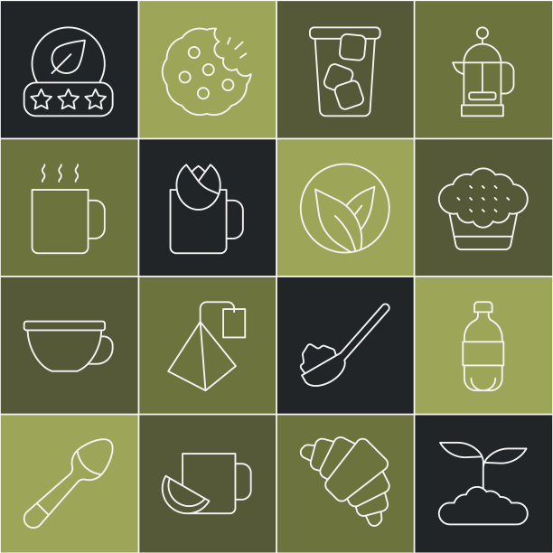 设置线茶叶，瓶装水，松饼，冰茶，玫瑰杯，图标。向量图片下载