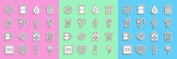 设置线叶片植物齿轮机，回收站与回收，灯泡叶片，水能，电插头，图标。向量图片下载