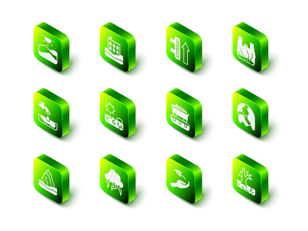 集洪水，全球变暖，对塑料袋说不海报，枯萎的树，煤炭火车，发芽的手和风暴图标。向量图片下载