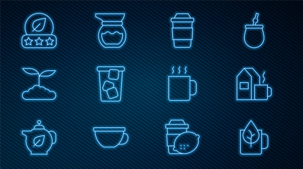 设置线杯茶与茶叶，牛奶，冰，茶，茶壶图标。向量图片下载