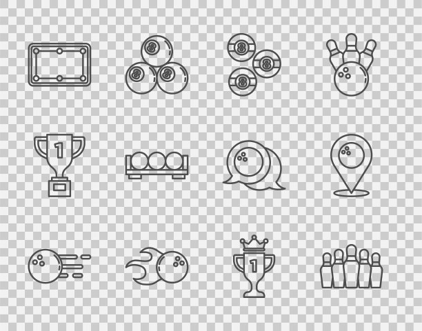 设置线保龄球，销，台球，桌子，球站，奖杯和位置与保龄球图标。向量图片下载