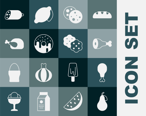 设置梨，鸡腿，饼干与巧克力，甜甜圈，烤火鸡或鸡肉，萨拉米香肠和饼干饼干图标。向量图片下载