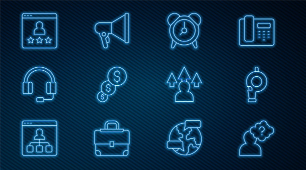 设置线头与问号，哨子，闹钟，财务增长和美元，耳机，客户产品评级，前端开发和扩音器图标。向量图片下载