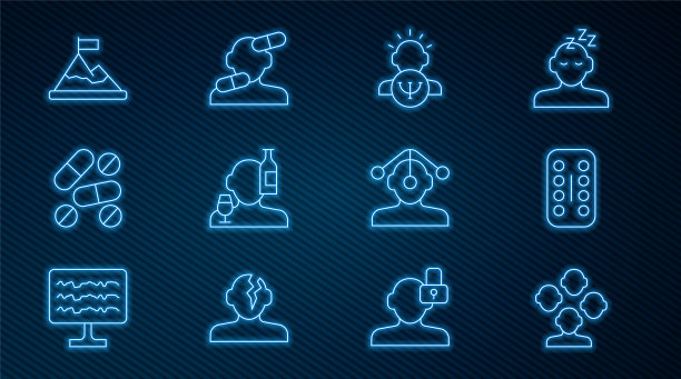 精神分裂症、镇静药、心理学、酒精中毒、药物或药片、山顶旗帜、催眠图标矢量素材图片下载