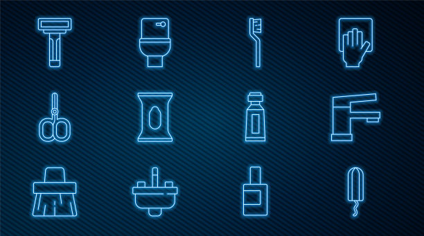 设置线卫生棉条，水龙头，牙刷，湿擦包，指甲剪刀，剃须剃须刀，牙膏管和马桶图标。向量图片下载