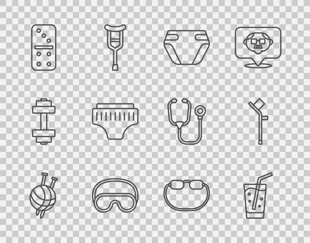集线纱球与针织针，玻璃水，成人尿布，眼睡罩，多米诺骨牌，眼镜和拐杖或拐杖图标。向量图片下载