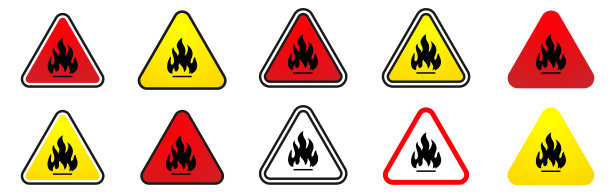 三角形黄色火灾警告标志。设置图标。矢量图图片下载