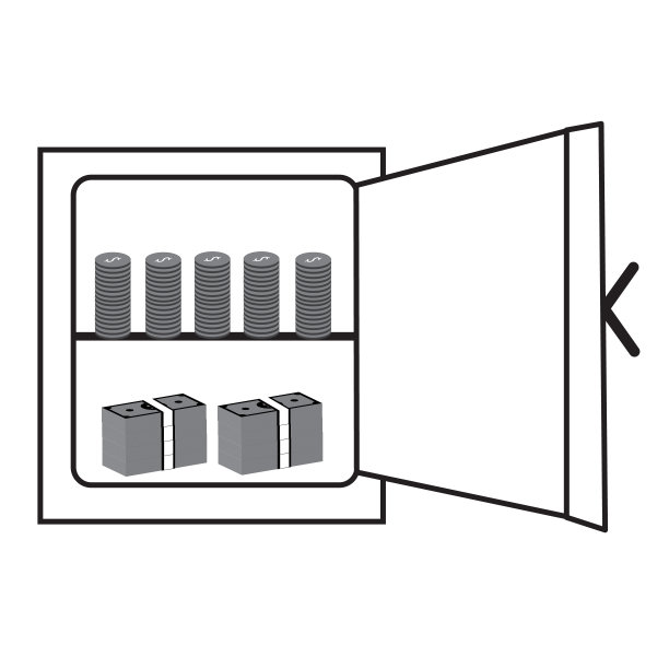 打开保险箱与金钱和硬币里面的图标在白色背景。银行存款箱签字。平的风格。图片下载