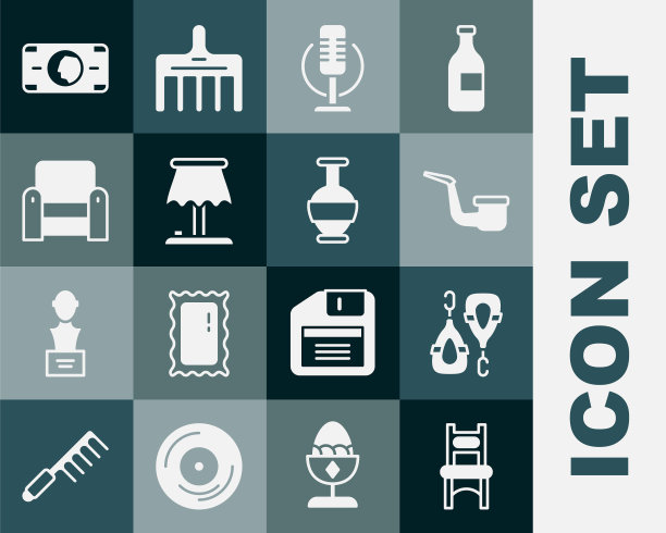 设置椅子，耳环，烟斗，麦克风，台灯，扶手椅，叠纸钱现金和古代双耳罐图标。向量图片下载