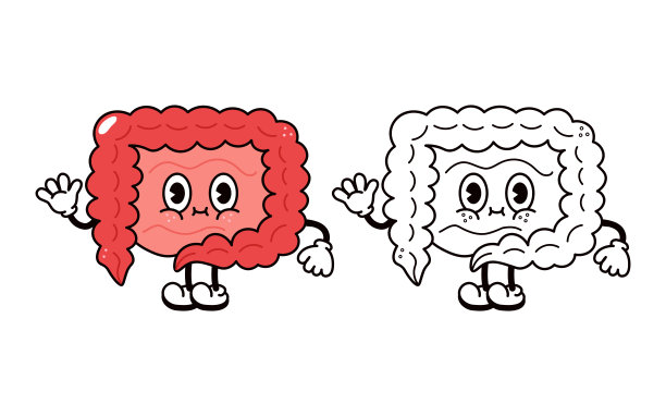 可爱有趣的肠道角色。矢量手绘传统卡通复古，复古，可爱的角色图标。肠道emoji,可爱的,孩子的概念。漫画图画书大纲插图图片下载